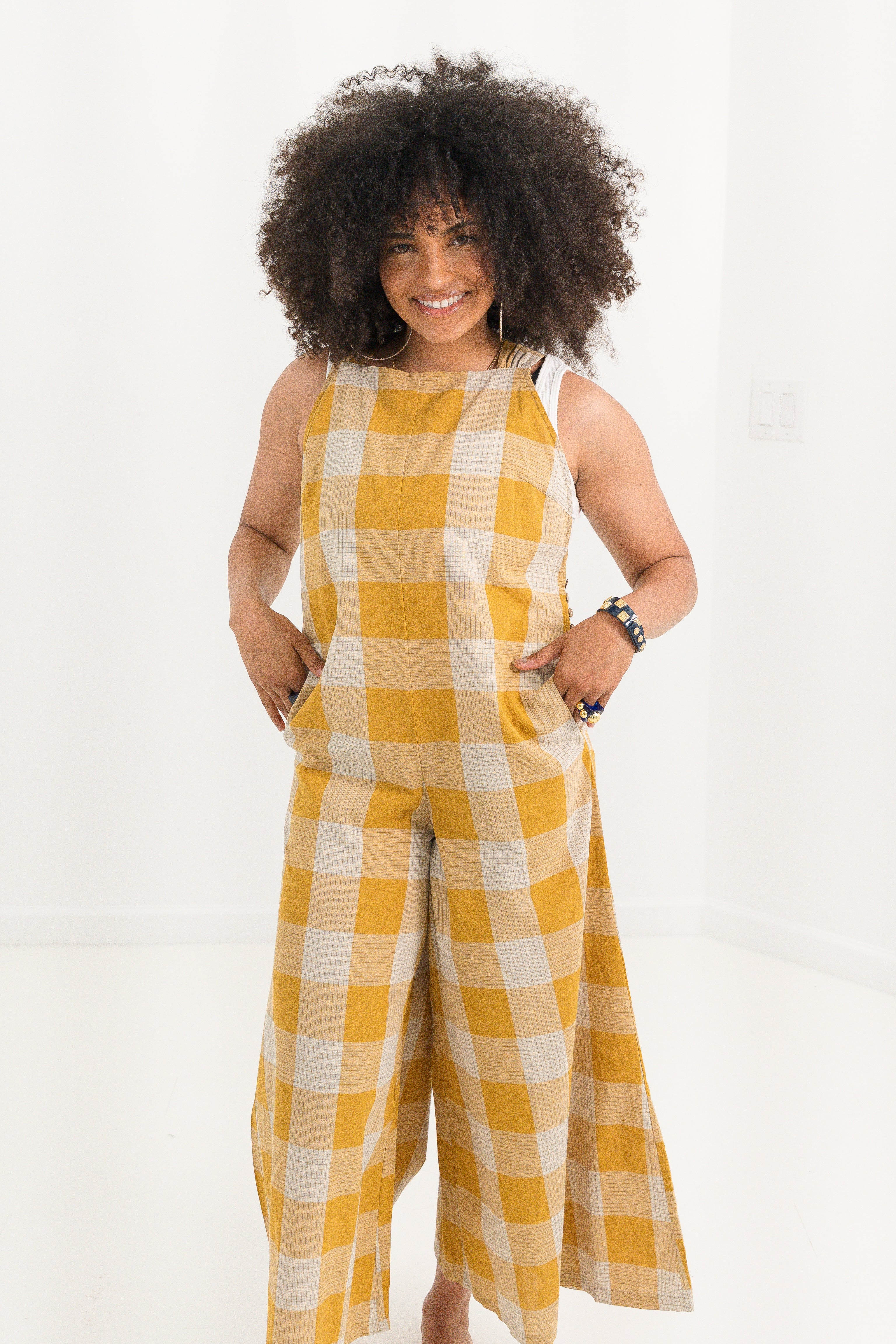 Mustard Plaid Wide-Leg Jumpsuit