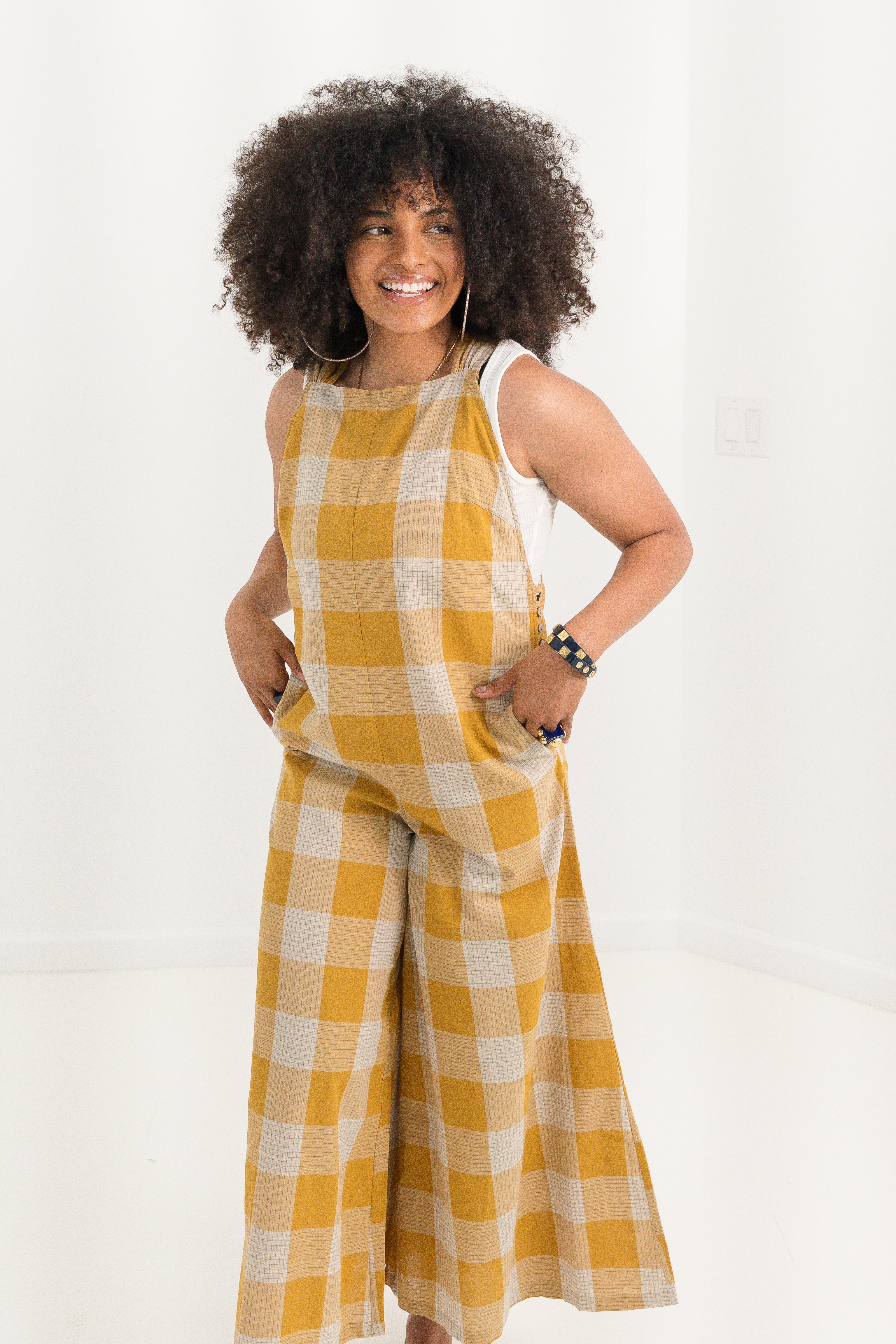 Mustard Plaid Wide-Leg Jumpsuit