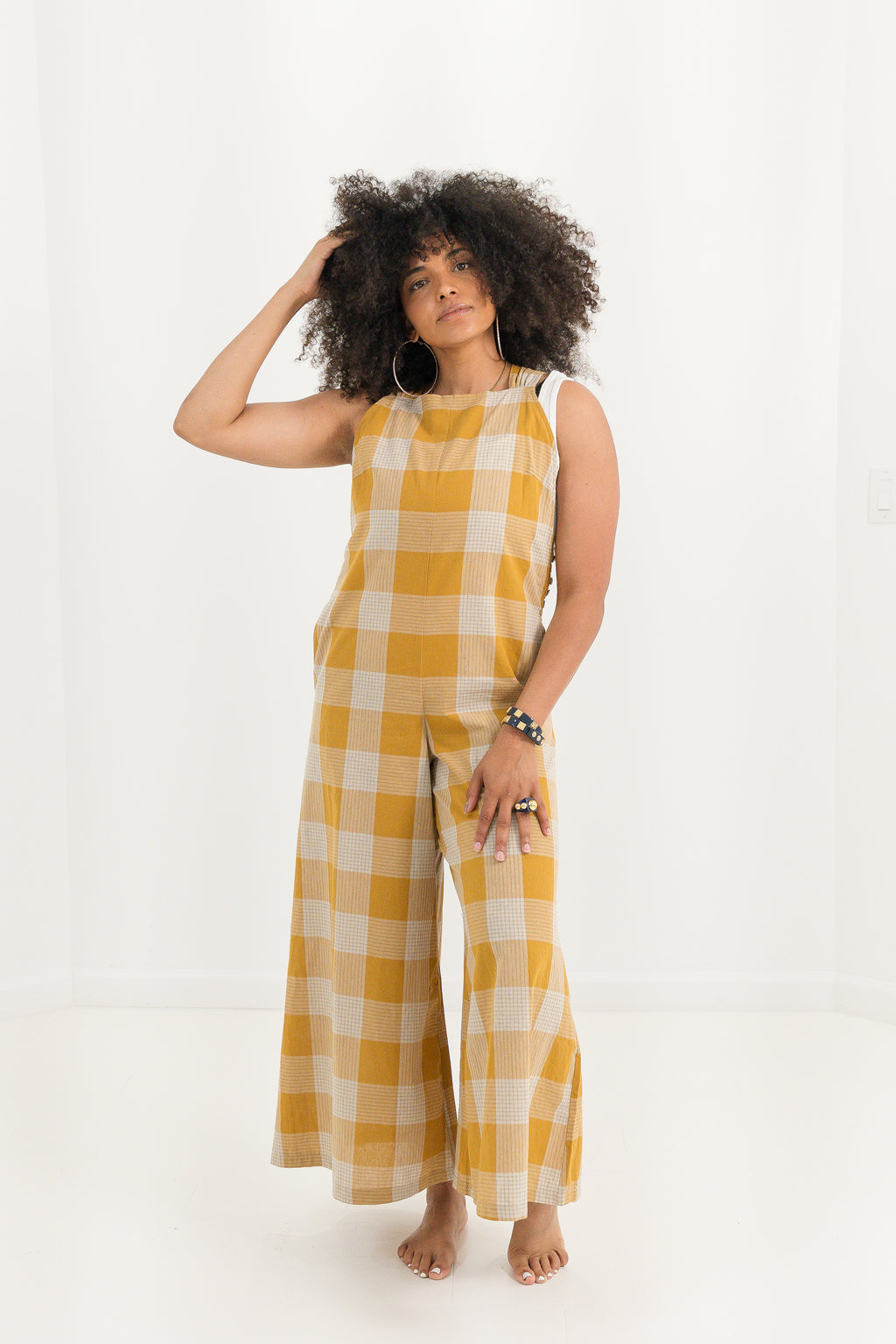 Mustard Plaid Wide-Leg Jumpsuit