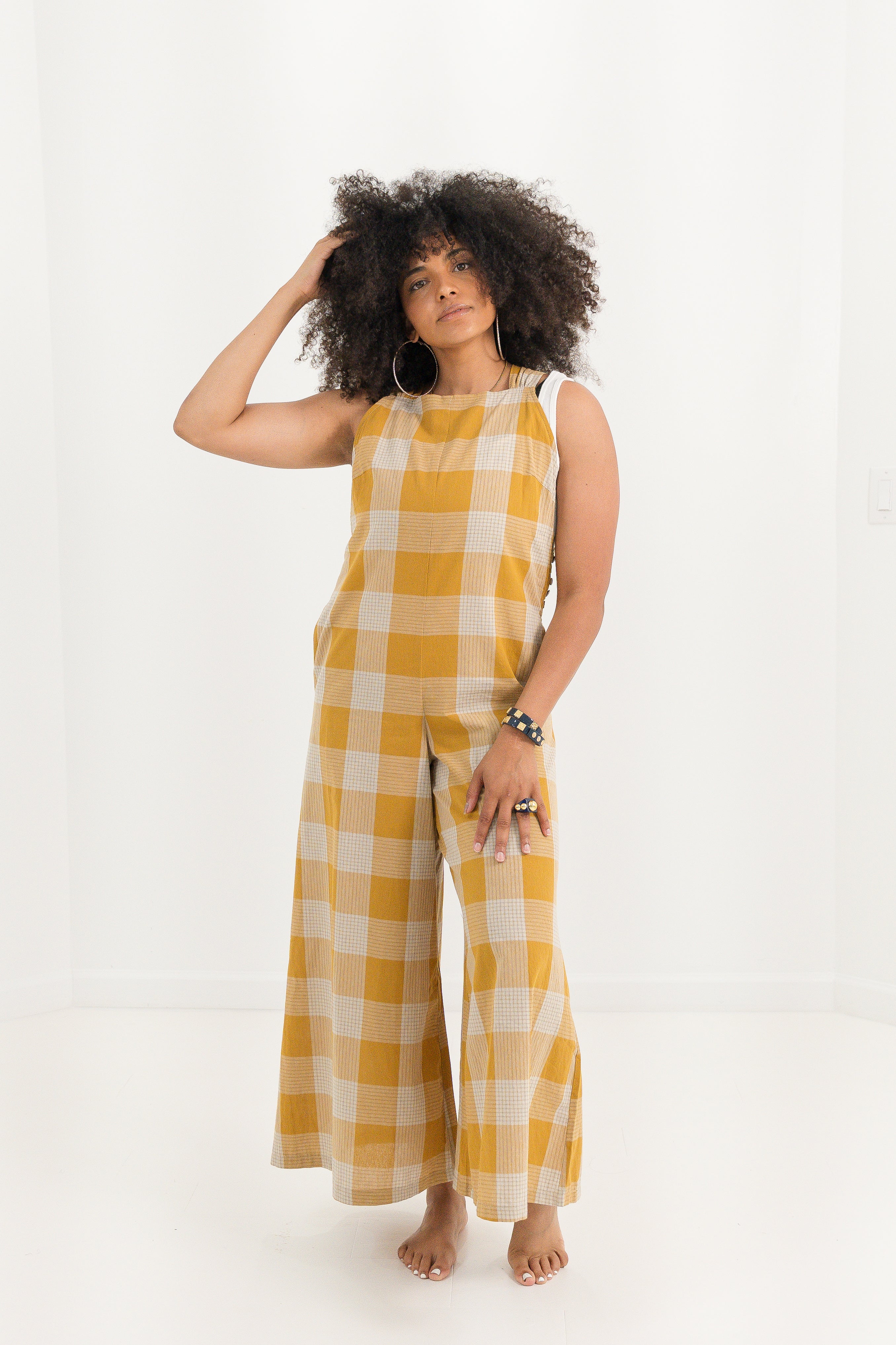 Mustard Plaid Wide-Leg Jumpsuit