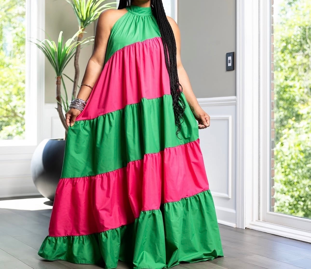 Color block Halter Maxi  Dress